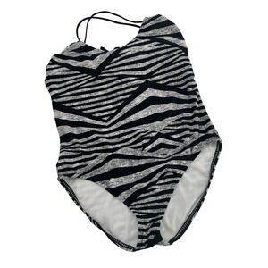 Speedo Womens Zebra Print One Piece Swimsuit Black White Strappy Back Large